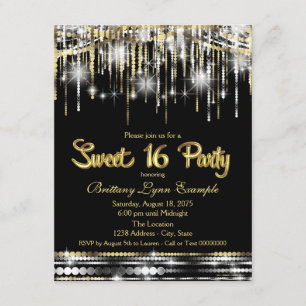 Black and Gold Sweet 16 Party Invitation