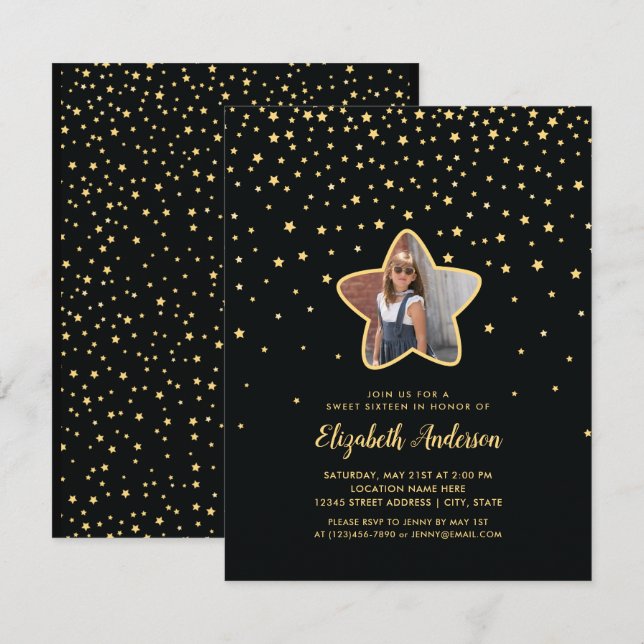 Black and Gold Sweet 16 Superstar Birthday Photo Invitation (Front/Back)