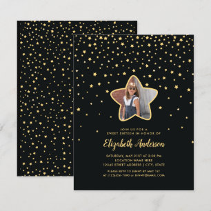 Black and Gold Sweet 16 Superstar Birthday Photo Invitation