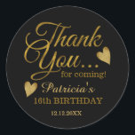 Black And Gold Sweet 16th Birthday Party Thank You Classic Round Sticker<br><div class="desc">Sweet 16 birthday thank you stickers with classy gold typography  on black.</div>