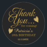 Black And Gold Sweet 16th Birthday Party Thank You Classic Round Sticker<br><div class="desc">Sweet 16 birthday thank you stickers with classy gold typography  on black.</div>