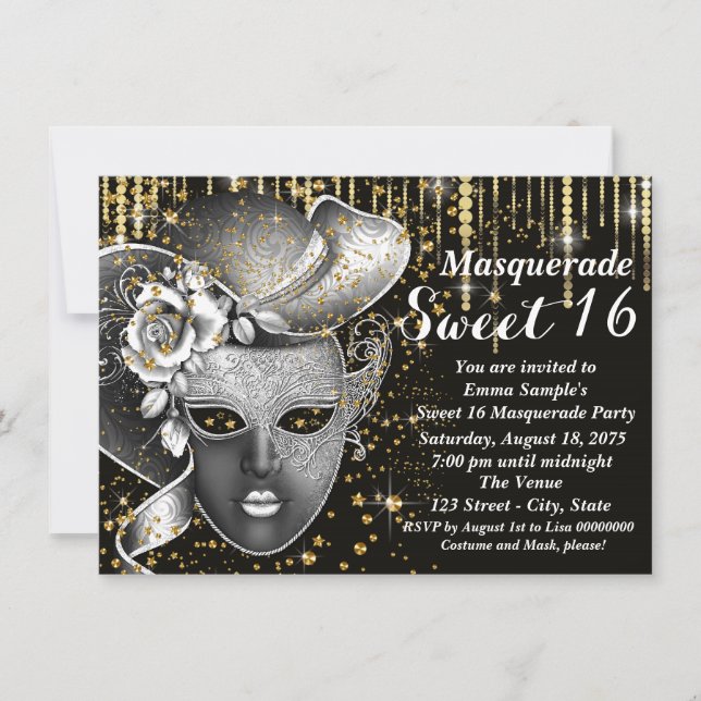 Black and Gold Sweet Sixteen Masquerade Party Invitation (Front)