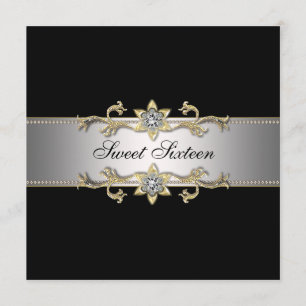 Black and Gold Sweet Sixteen Party Invitation