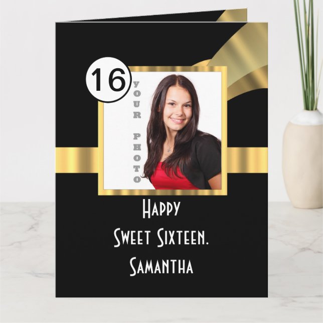 Black and gold sweet sixteen photo thank you card (Front)