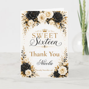 Black and Gold Sweet Sixteen Thank You Card