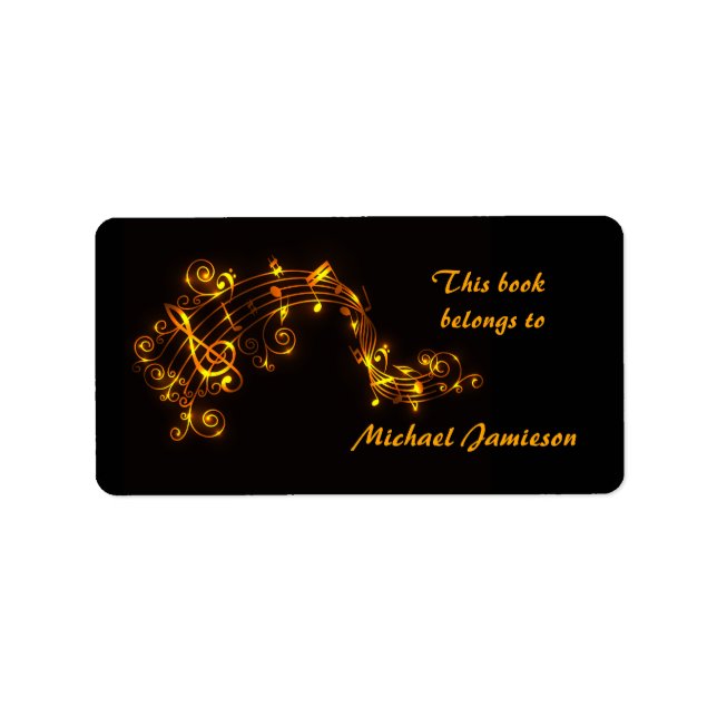 Black and Gold Swirling Musical Notes Bookplates Label (Front)
