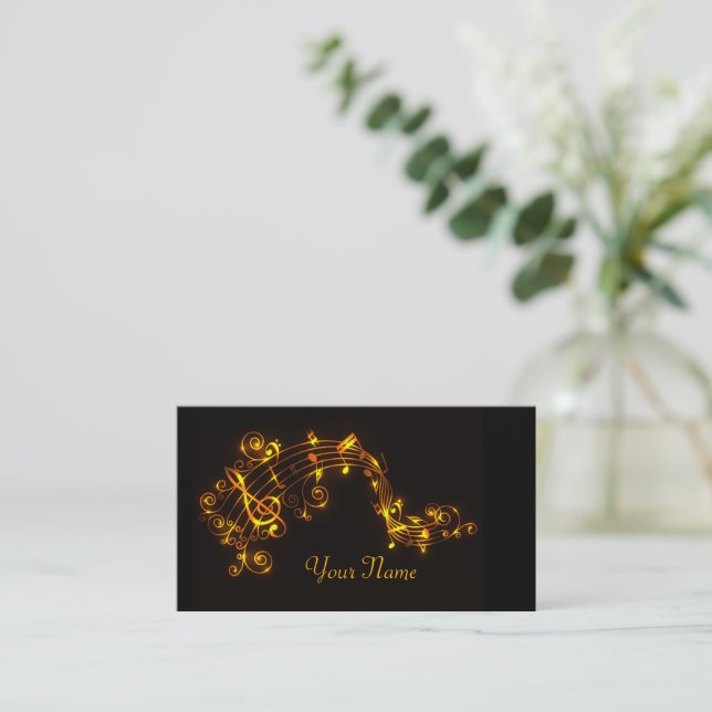 Black and Gold Swirling Musical Notes Business Card (Standing Front)