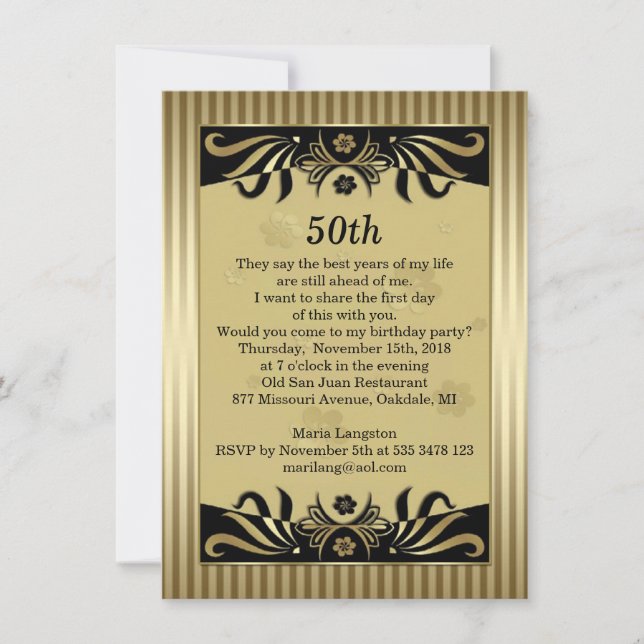 Black and gold swirls, flowers 50th Birthday Party Invitation (Front)