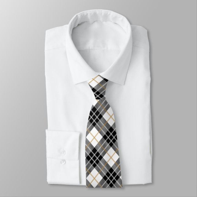 Black and Gold Tartan Plaid Neck Tie (Tied)