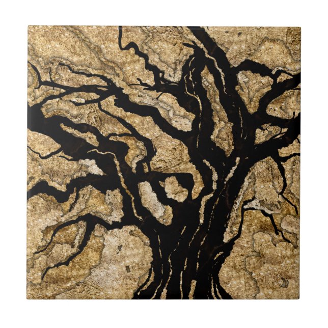 Black and Gold texture mixed media abstract Tile (Front)