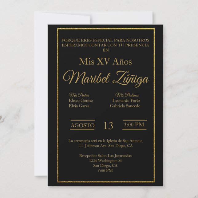Black and gold theme Quinceanera invitation (Front)