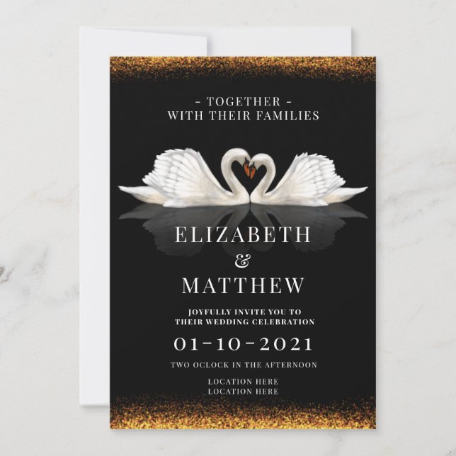 Black and Gold Themed with Swans Wedding Invitation (Front)