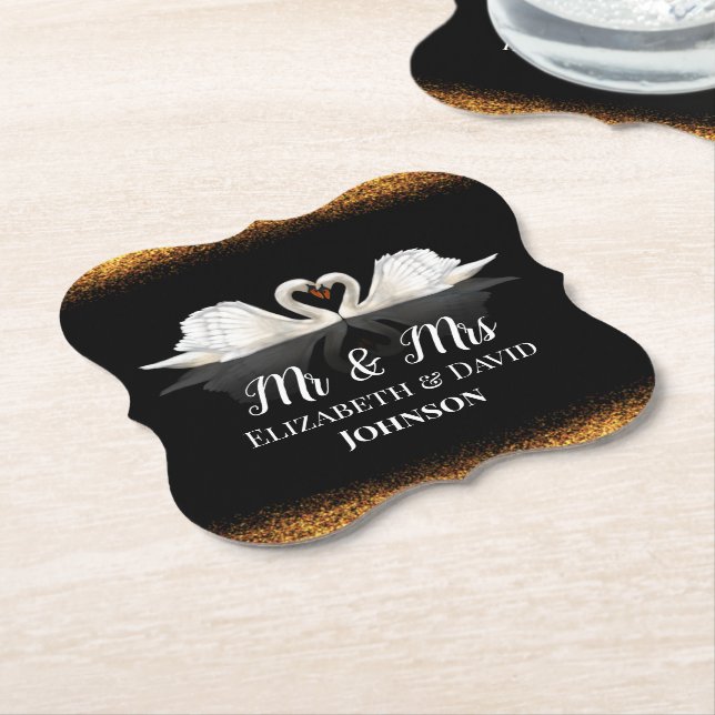 Black and Gold Themed with Swans Wedding Paper Coaster (Angled)