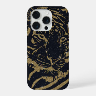 Black and Gold Tiger Artwork Luxury Glitter Style iPhone 15 Pro Case