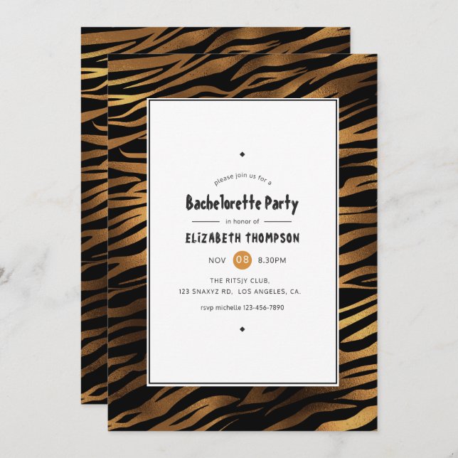 Black and Gold Tiger Stripes Bachelorette Party Invitation (Front/Back)