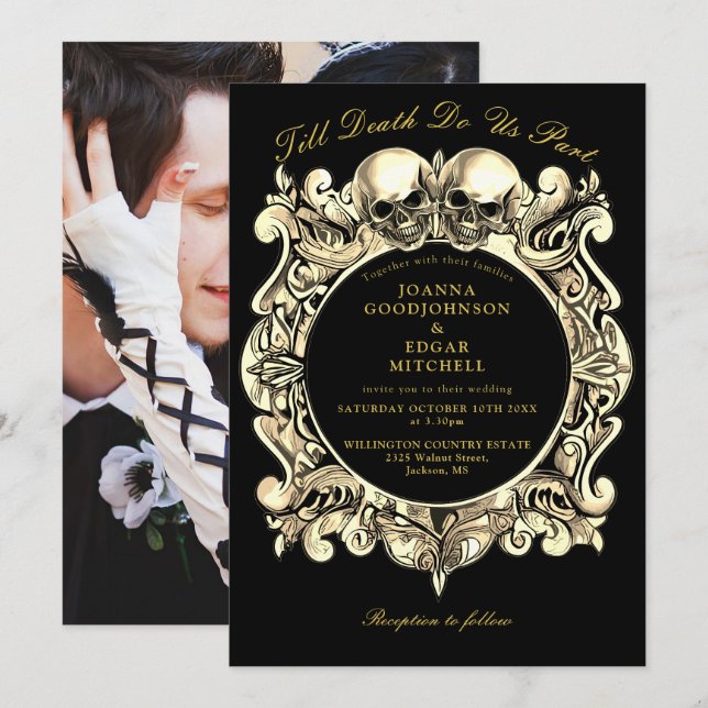 Black And Gold Till Death Gothic Photo Wedding Invitation (Front/Back)