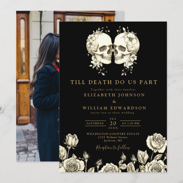Black And Gold Till Death Gothic Photo Wedding Invitation (Front/Back)