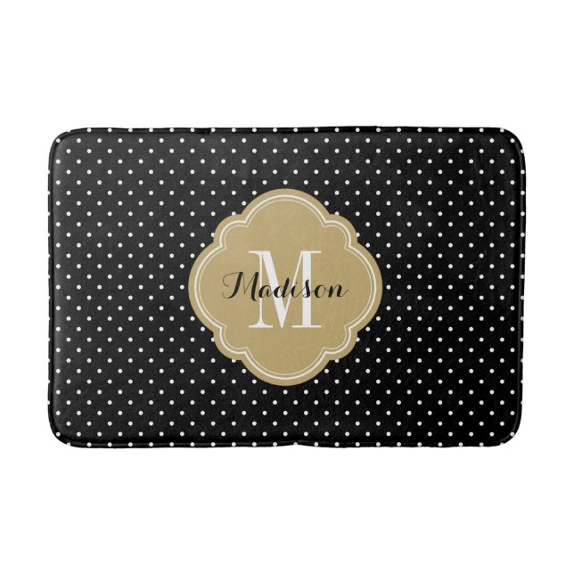 Black and Gold Tiny Dots Monogram Bath Mat (Front)