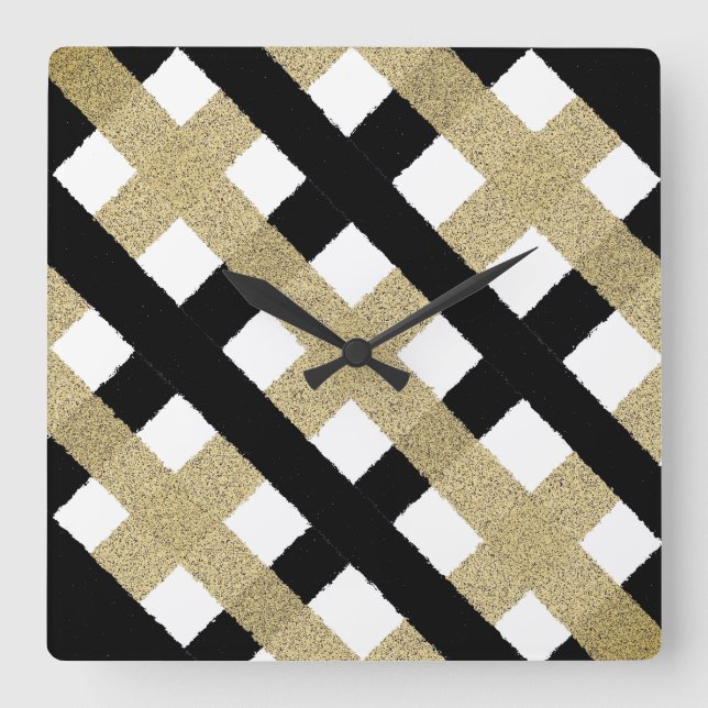Black and Gold Torn Paper Strip Square Wall Clock (Front)