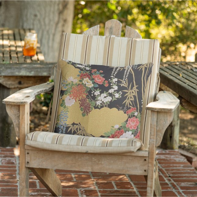 Black and Gold Traditional Japanese Floral Patio   Cushion (Chair)