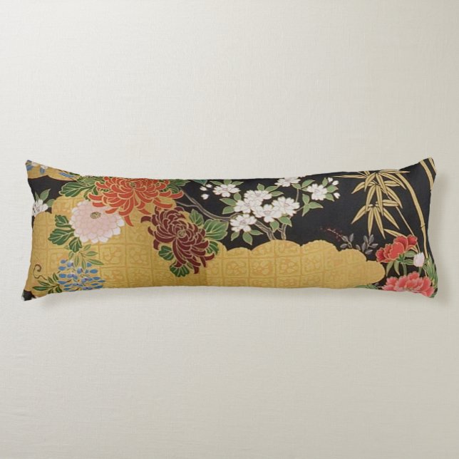 Black and Gold Traditional Japanese Kimono Floral  Body Cushion (Front)
