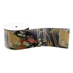 Black and Gold Traditional Japanese Kimono Floral  Grosgrain Ribbon