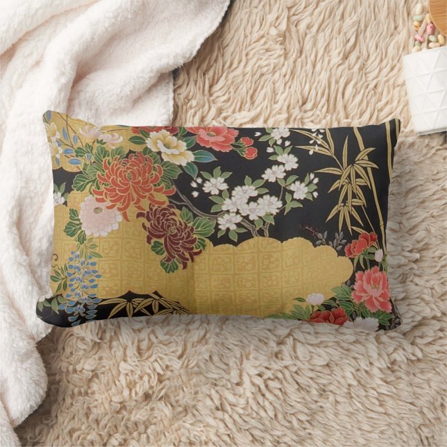 Black and Gold Traditional Japanese Kimono Floral  Lumbar Cushion (Blanket)
