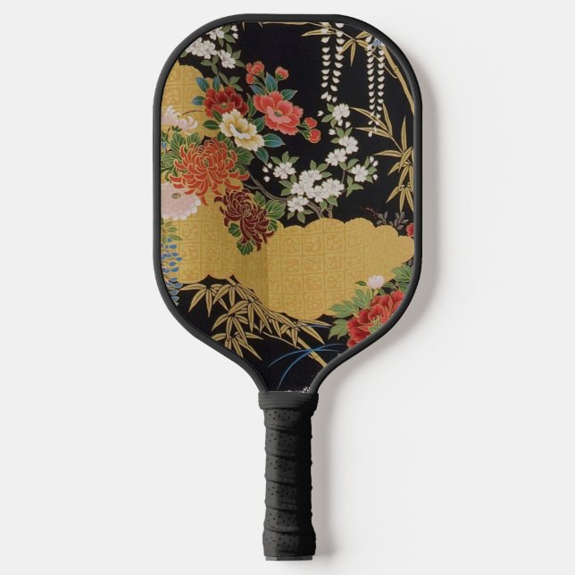 Black and Gold Traditional Japanese Kimono Floral  Pickleball Paddle (Front)