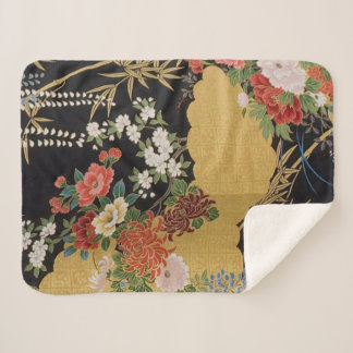 Black and Gold Traditional Japanese Kimono Floral  Sherpa Blanket