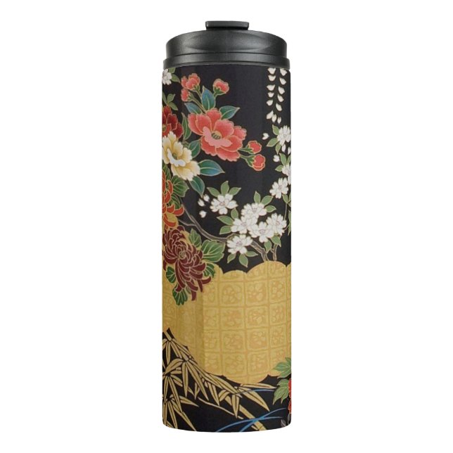 Black and Gold Traditional Japanese Kimono Floral  Thermal Tumbler (Front)