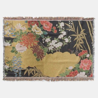 Black and Gold Traditional Japanese Kimono Floral  Throw Blanket