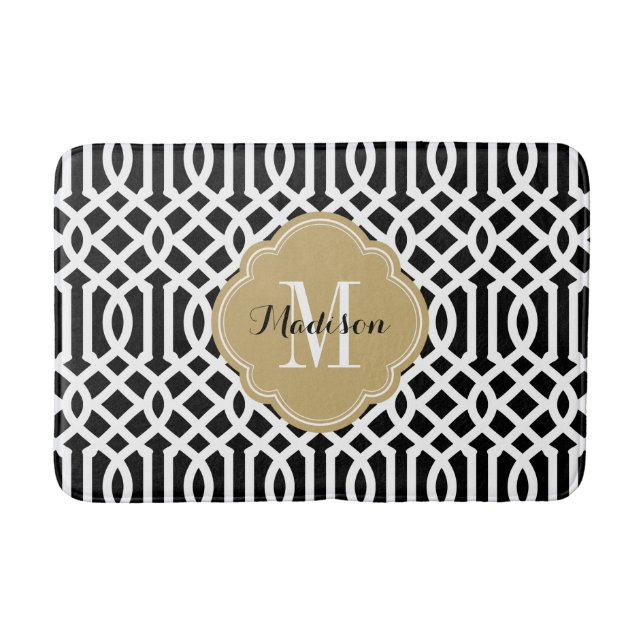 Black and Gold Trellis Monogram Bath Mat (Front)