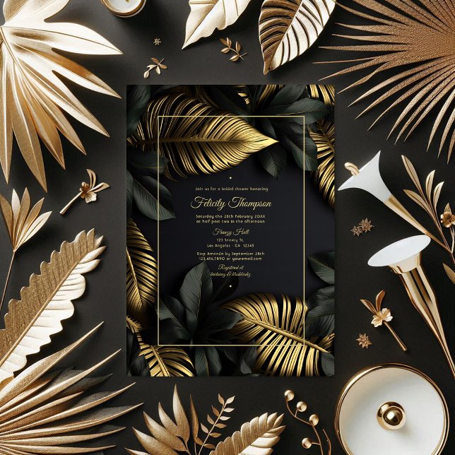 Black and Gold Tropical Bridal Shower Invitation (Black and Gold Tropical Bridal Shower Invitation)