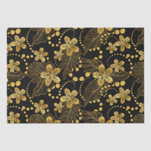 Black and gold Tropical leaves and flowers pattern Tissue Paper