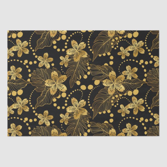 Black and gold Tropical leaves and flowers pattern Tissue Paper (Front)