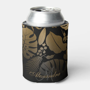 Black and Gold Tropical Leaves Can Cooler