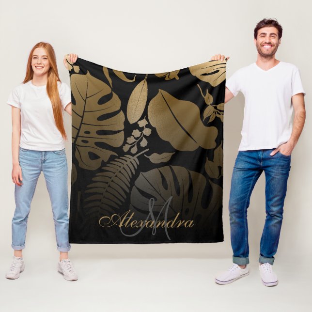 Black and Gold Tropical Leaves Fleece Blanket (In Situ)