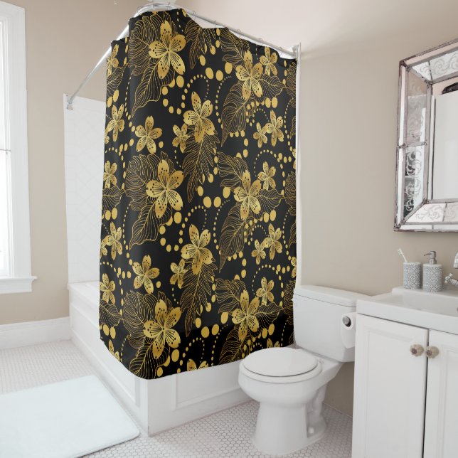 Black and gold Tropical leaves & flowers pattern Shower Curtain (In Situ)