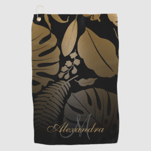 Black and Gold Tropical Leaves Golf Towel