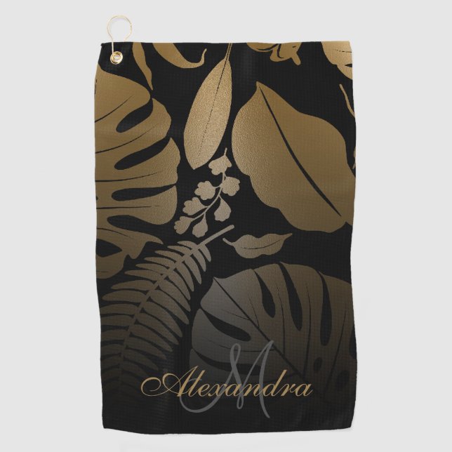 Black and Gold Tropical Leaves Golf Towel (Front)