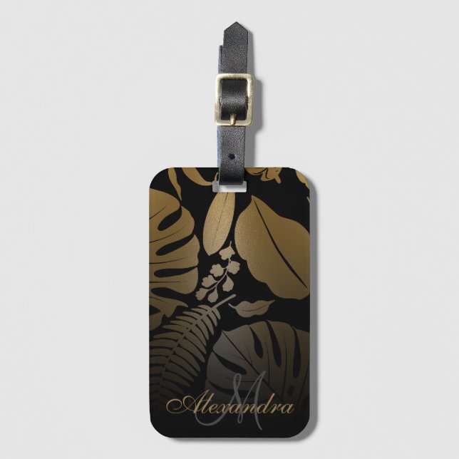 Black and Gold Tropical Leaves Luggage Tag (Front Vertical)