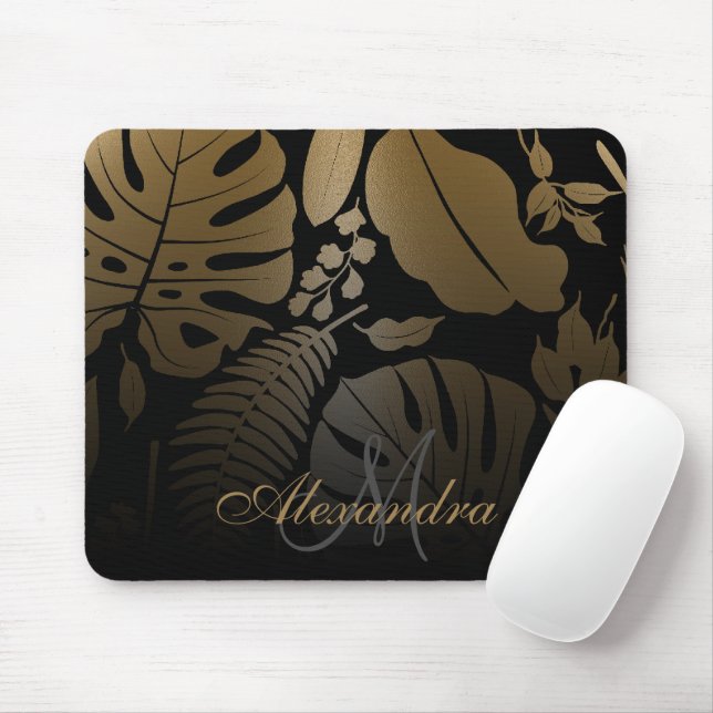 Black and Gold Tropical Leaves Mouse Mat (With Mouse)