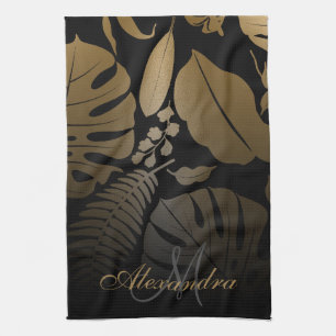 Black and Gold Tropical Leaves Tea Towel