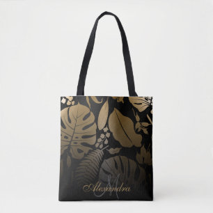 Black and Gold Tropical Leaves Tote Bag