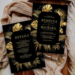 Black and Gold Tropical Palm All in One Wedding Invitation