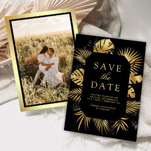 Black and Gold Tropical Palm Photo Wedding Save The Date