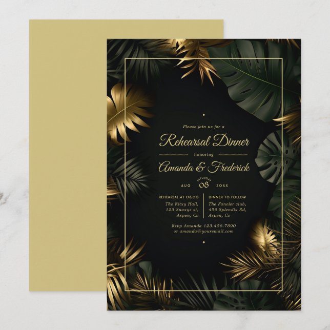 Black and Gold Tropical Rehearsal Dinner Invitation (Front/Back)