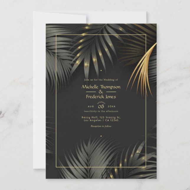 Black and Gold Tropical Wedding Invitation (Front)