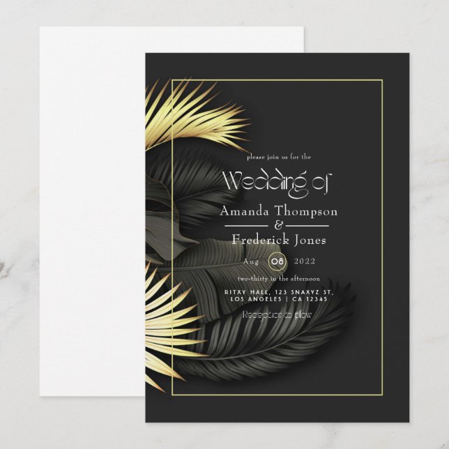 Black and Gold Tropical Wedding Invitation (Front/Back)