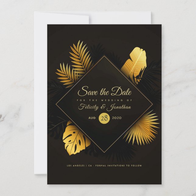Black and Gold Tropical Wedding Save The Date (Front)